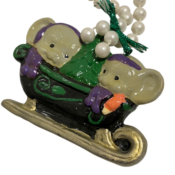 Vintage Mice on Sled with Christmas Tree Ceramic Christmas Ornament - Picture 3 of 8